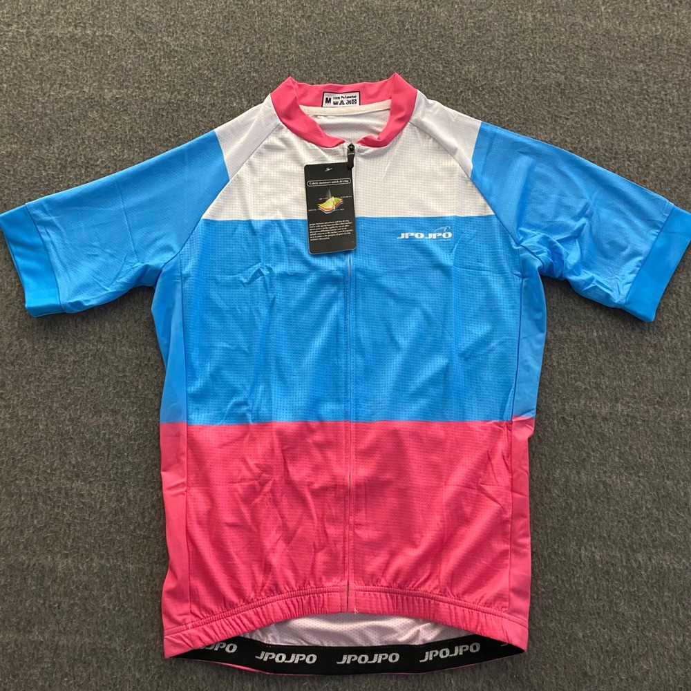 JPOJPO Cycling Jersey Womens Medium Blue Pink Colorblock Quick Dry Short Sleeve - Picture 1 of 12